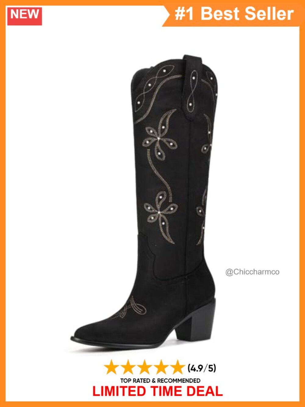 Western Cowboy Boots Knee High Faux Suede Pointed Toe Chunky Heel Pull On